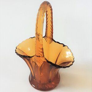 VTG Westmoreland Amber Glass Basket Depression EAPG Rope Handle Scalloped Edge